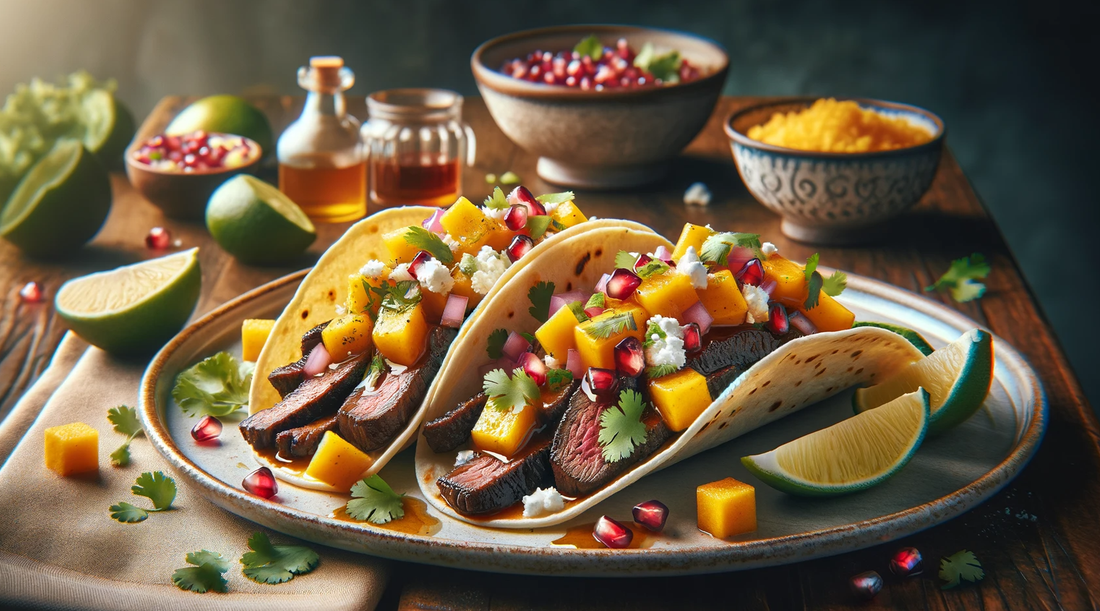 Honey-Lime Carne Asada Tacos and Mango-Pom Salsa