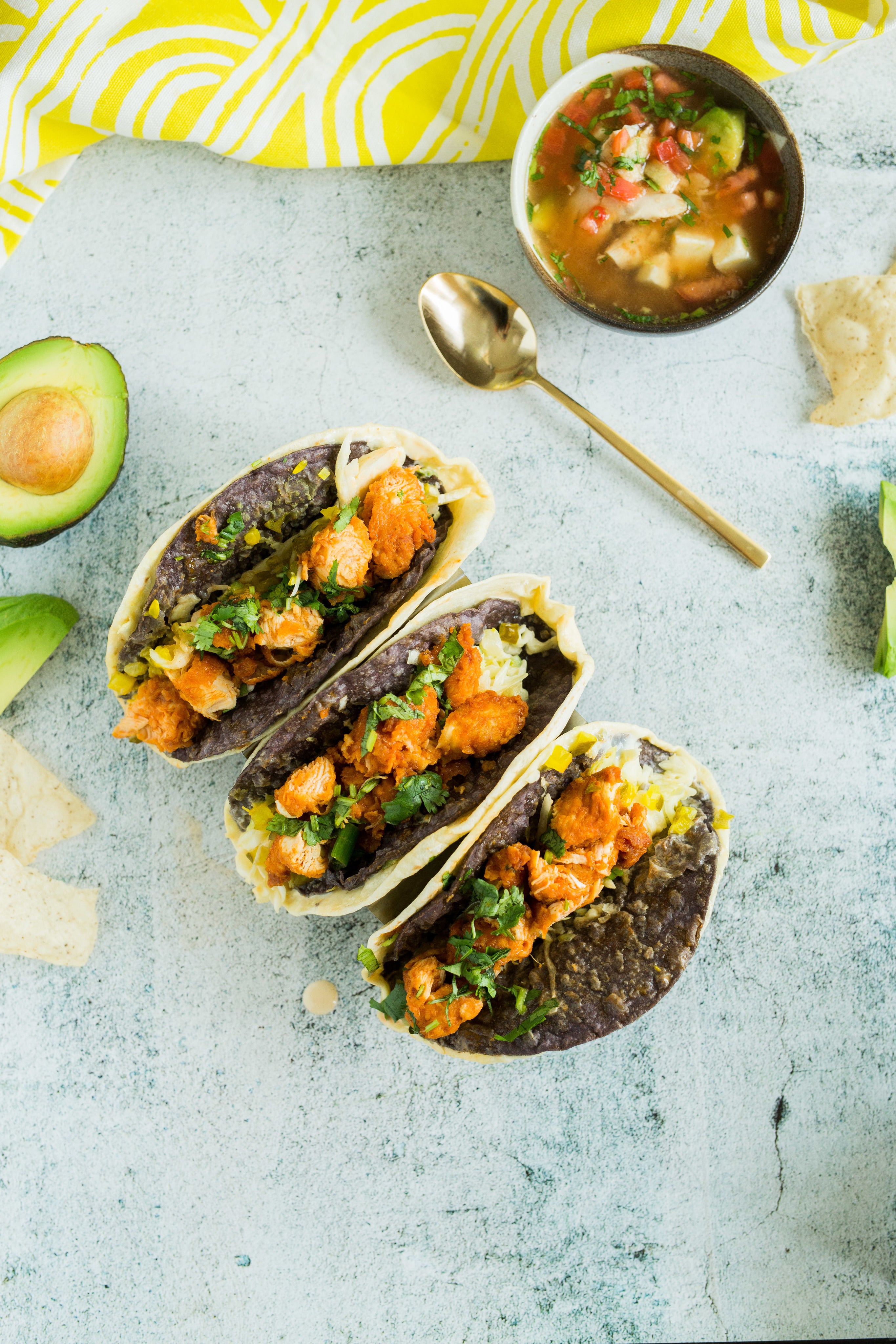 aerial view of tacos with avocado